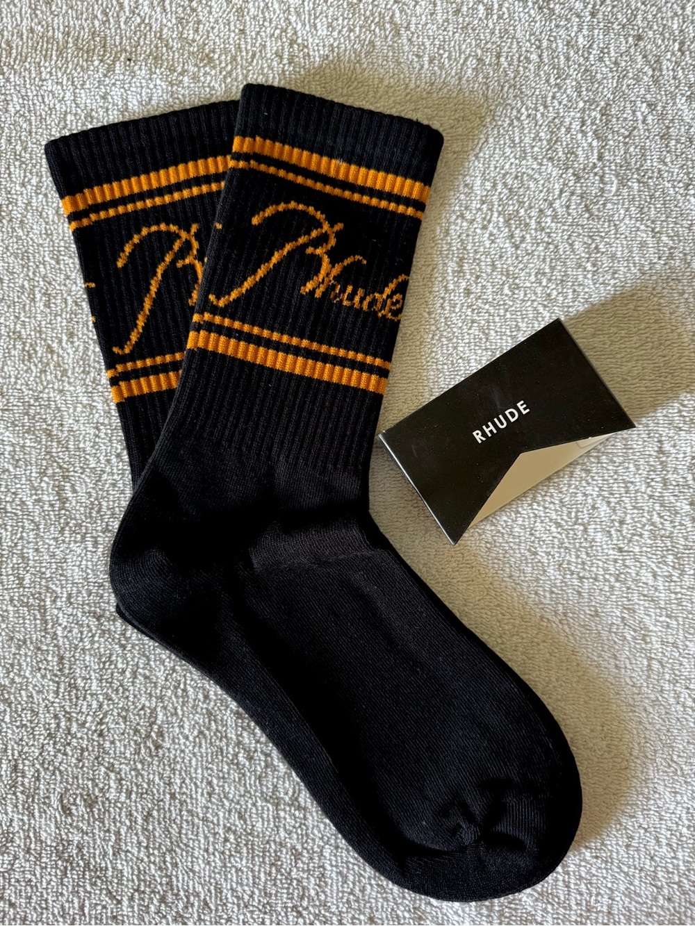 Rhude Black & Gold SCRIPT Ribbed Socks